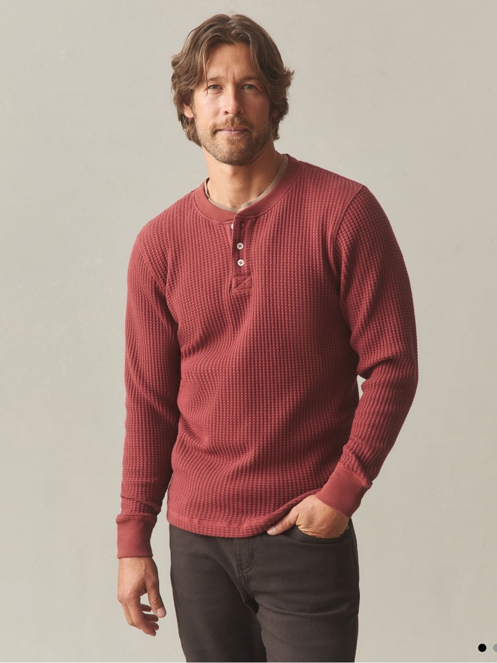 American Giant Waffle Long Sleeve Henley Shirt thermal spiced apple red Small